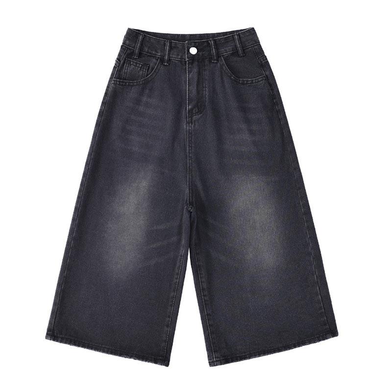 

Широкие джинсовые шорты с высокой талией для женщин, летние мешковатые джинсы средней длины, однотонная повседневная одежда, уличная одежда M темно серый