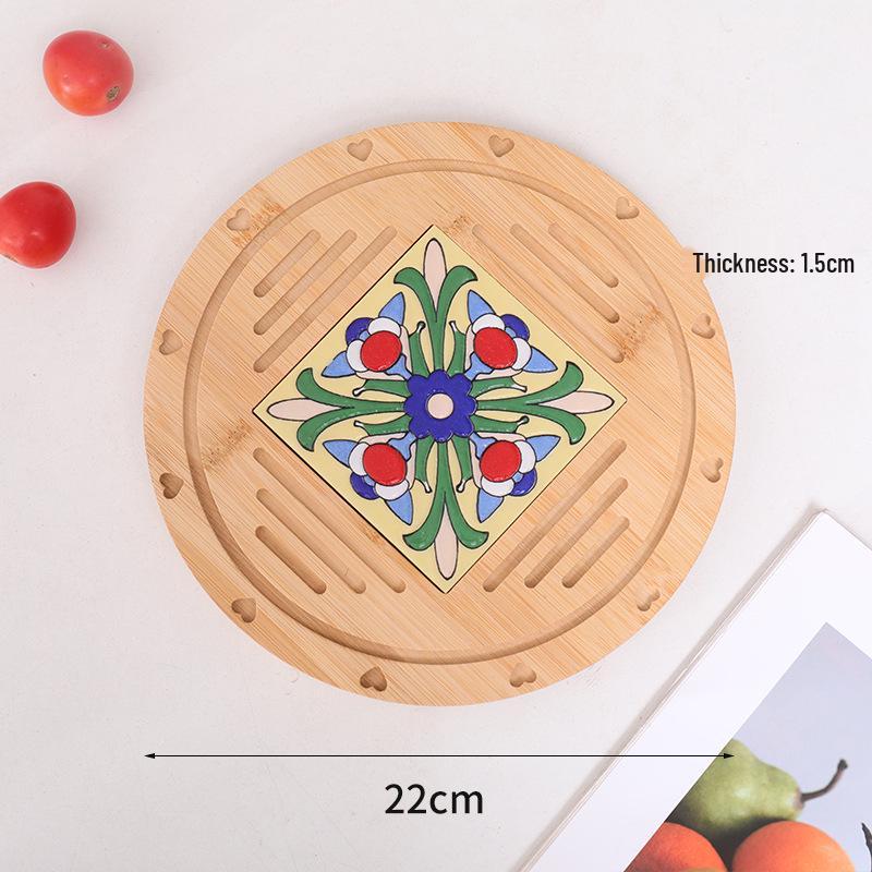 Retro Insulated Wooden Placemat for Pots and Plates, Flower Tile Design