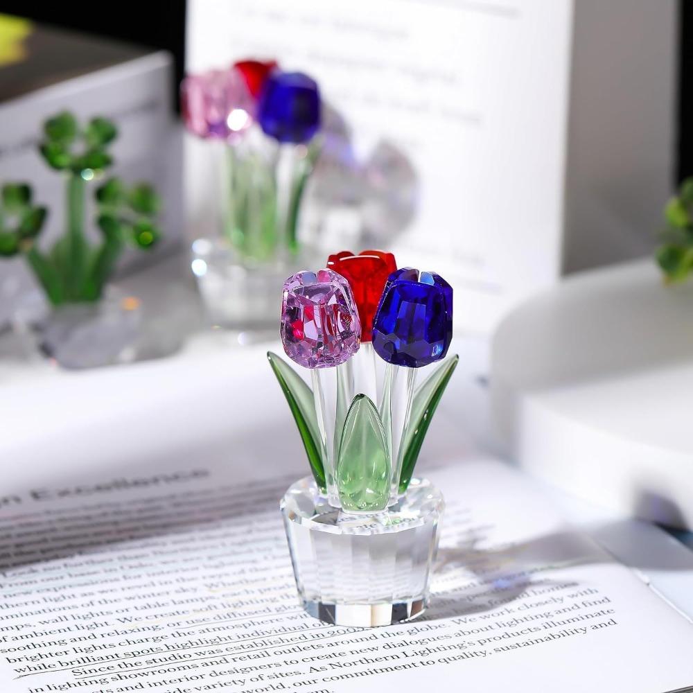 

Creative Crystal Tulip Sculpture Colorful Handmade Tulip Bouquet Ornaments Reflect Small Desktop Floral Decorations