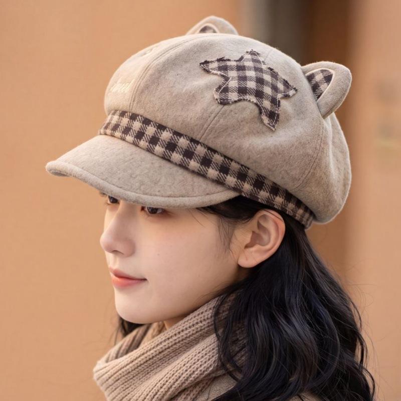 Cartoon Cute Cute Cat Ears Octagonal Hat Female Splicing Cap Showing Small Face Big Head Circumference Embroidery Hat Tide