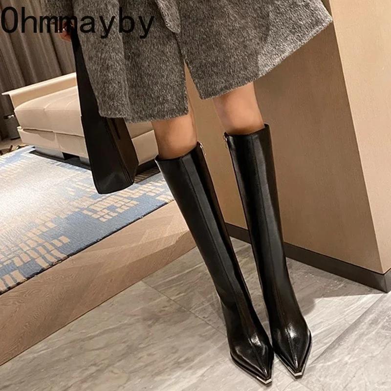 Luxury Women High Boots Fashion Pointed Toe Ladies Elegant Square High Heel Long Booties Short Plush Women's Footwear