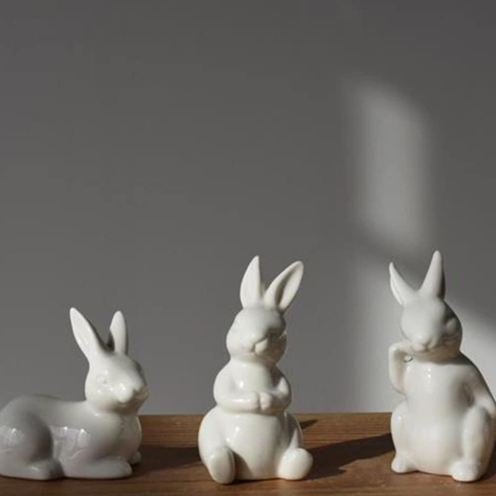 Happyyami Garden Bunny Figurines Landscape Bunnies Decoration 3Pcs Ceramic Bunny Rabbit Figurine Easter White Bunny Figurines Mini Tabletop Rabbit