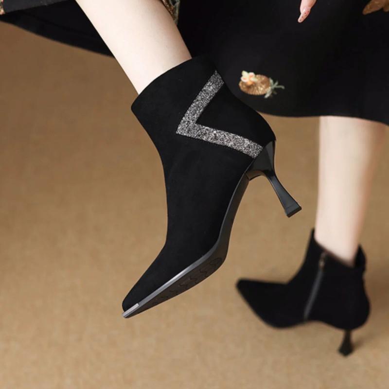 2026 New Elegant with Medium Heels Pointed Toe Booties  Suede Autumn Winter Ankle Boots for Women  Woman Short Shoes