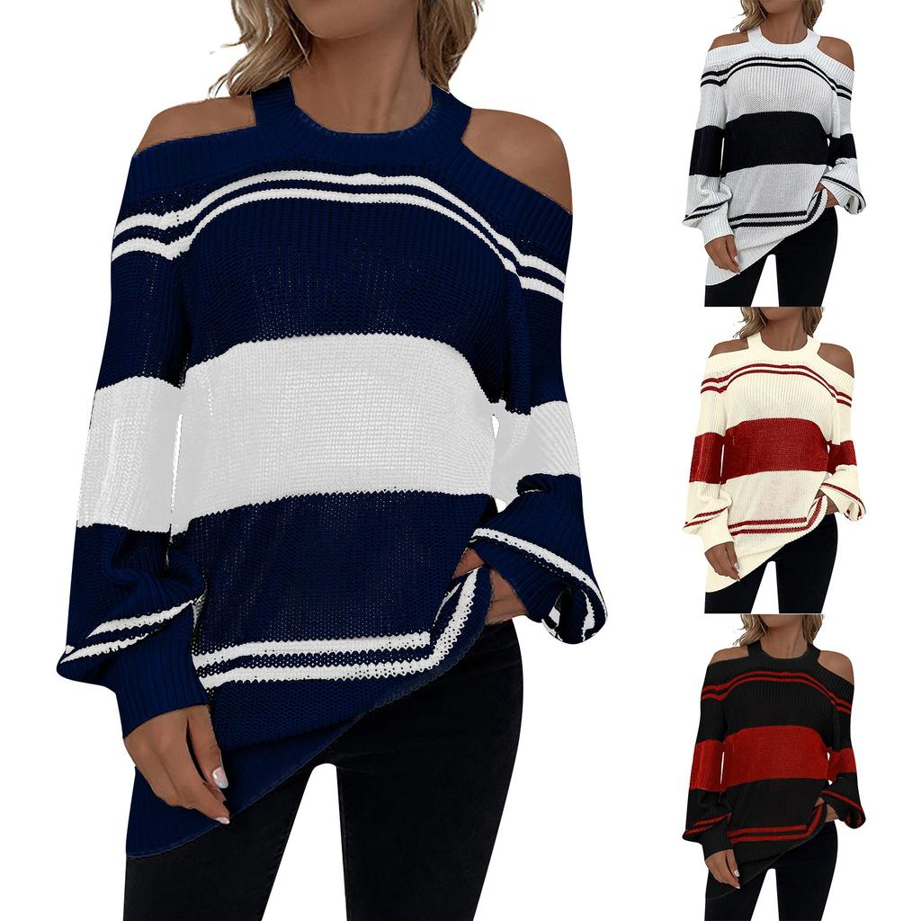 Women's Casual Fashion Long Sleeved Knitting Contrast Color Sweater Top