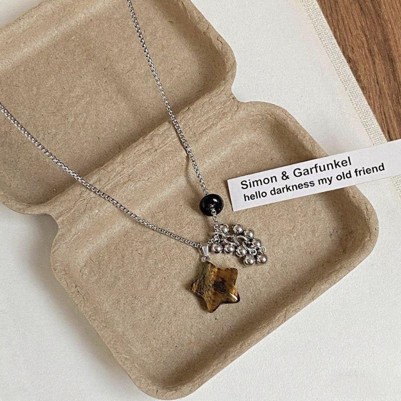 Vintage Natural Tigereye Heart Cross Beaded Necklace With Metallic Flower Pendant Women Sweater Chain Jewelry