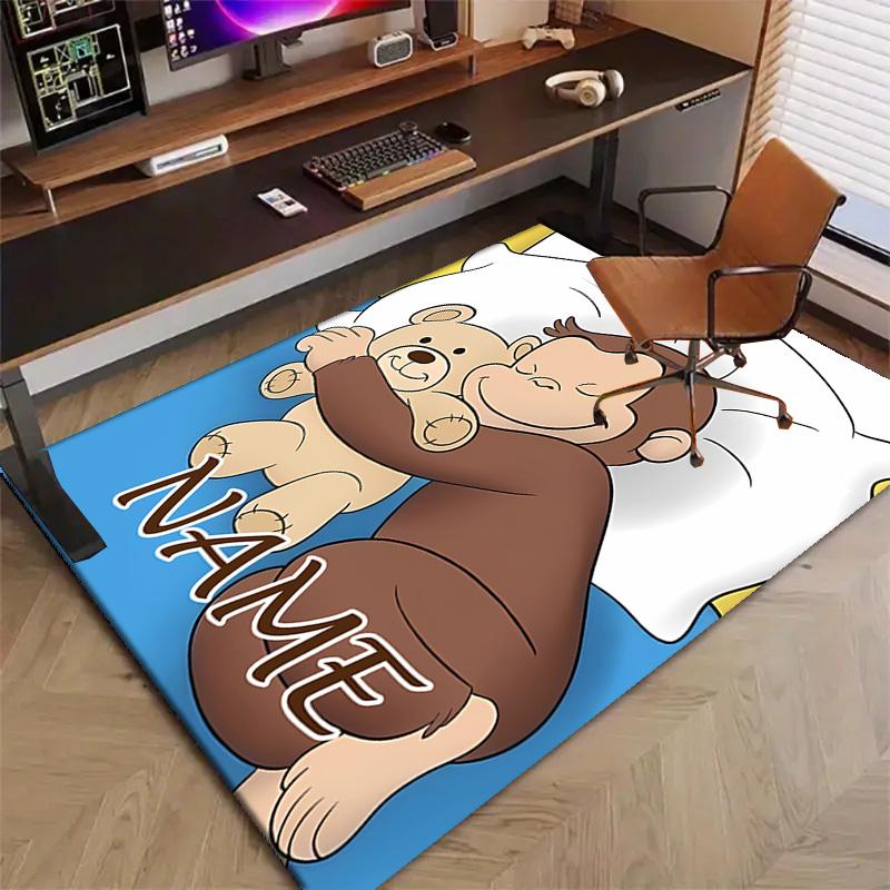 Custom Curious George Mat Personalized Name, Polyester Washable Indoor Entryway Rug, Gift for Christmas, Easter, Thanksgiving Day