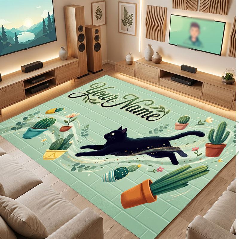 Cat Theme Crystal Velvet Floor Rug Personalized Custom Name Text Warm Carpet Home Decoration