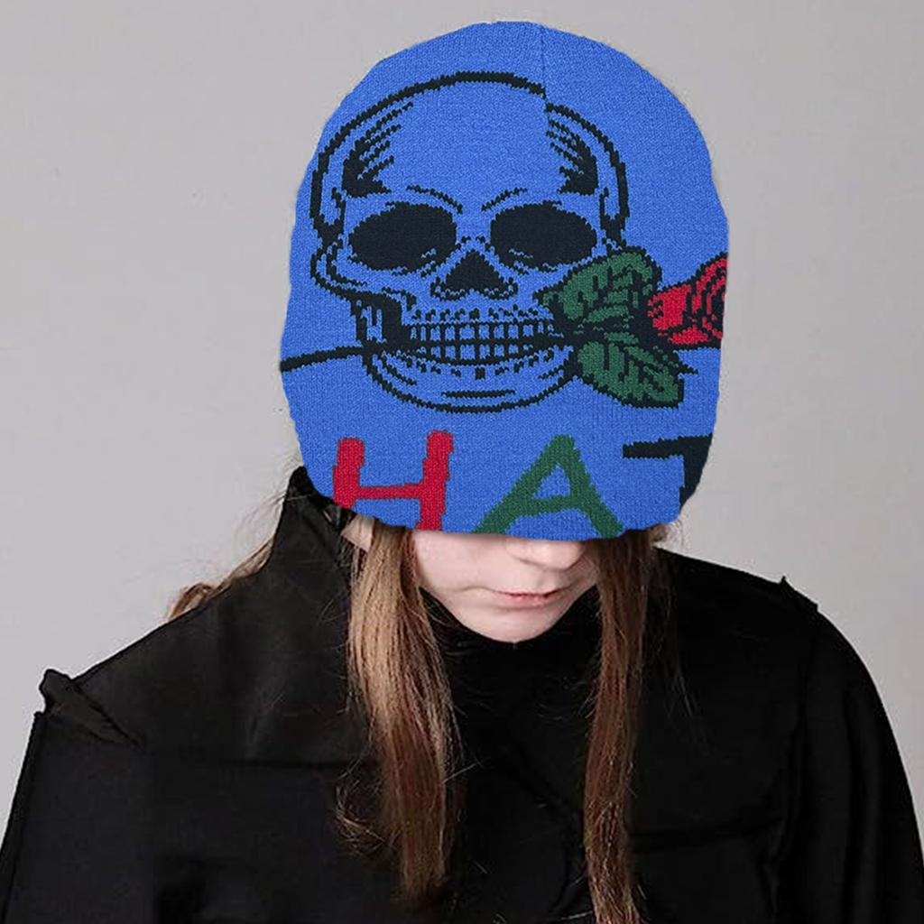 Knit Skull&Rose Beanie Hat for Students Adult Windproof Foldable Winter Hat Handmade Halloween Keep Warm Cycling Hat