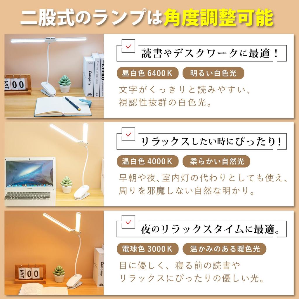 PIENSE Desk Lamp, Desk Lamp, Tabletop Stand, Study Lamp, LED Light, Multifunctional, Foldable, Color Adjustable, USB Charging (Clip-on)