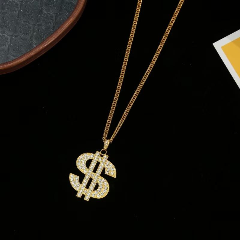 Retro Hip Hop Diamond Studded Dollar Sign Necklace Unisex Pendant Jewelry
