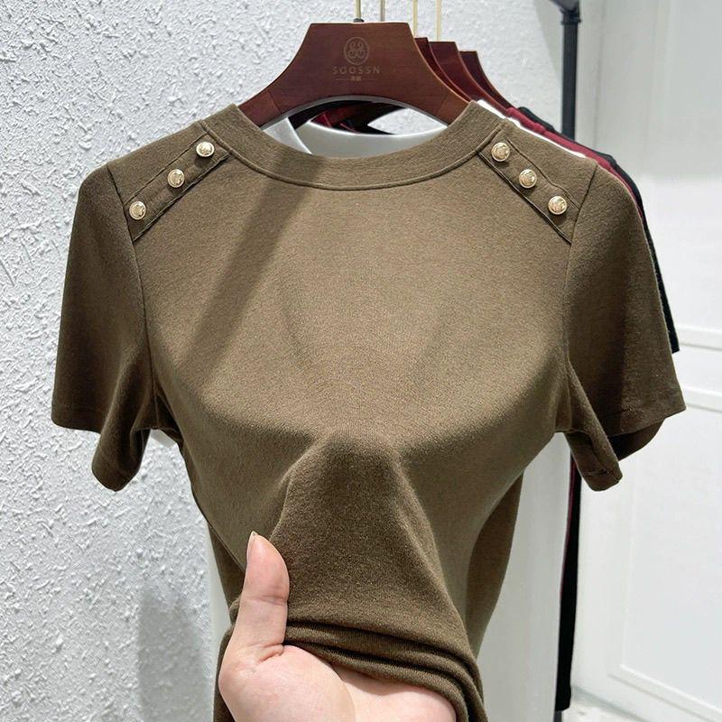Summer New Cotton Round Neck Short Sleeve T-shirt Women's Solid Patchwork Button Korean Simple Fashion Casual Versatile Top 2024