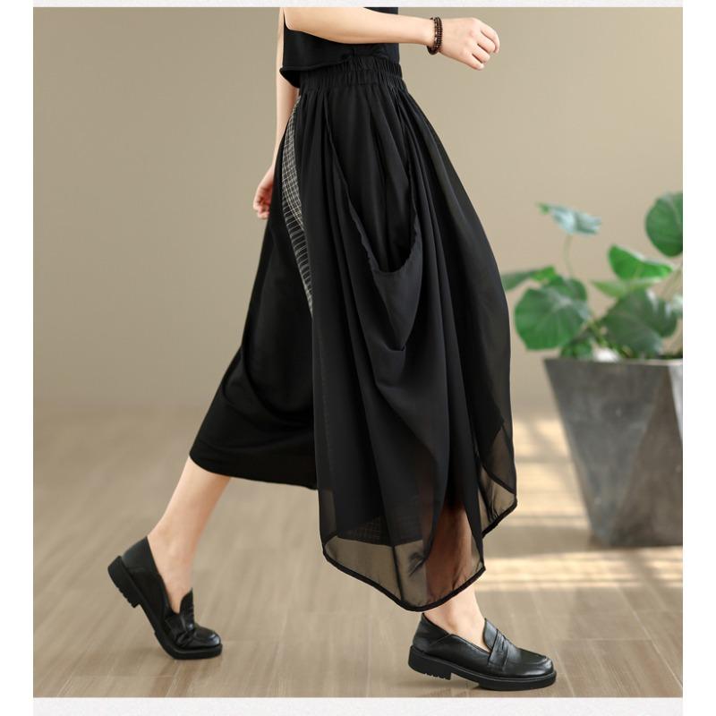 DIMANAF 2026 Estate Spiaggia Taglie Forti Pantaloni Lunghi Donna Vita Elastica Larghi Vintage Casual Pantaloni Pantaloni Fondo Quadri Nero