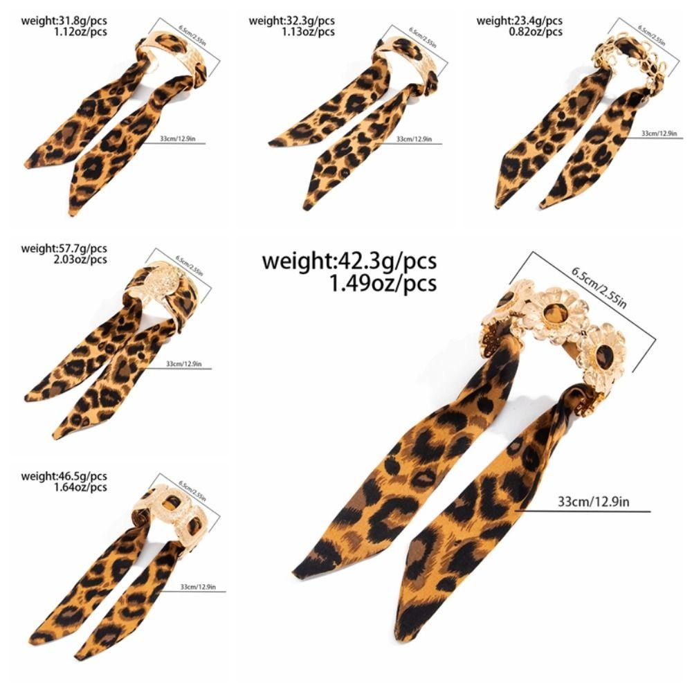 Leopard Print Silk Scarf Cuff Bangles Ribbon-Wrapped Hollow Flower Metal Wide Bracelet Vintage Adjustable Ethnic Style Wristband