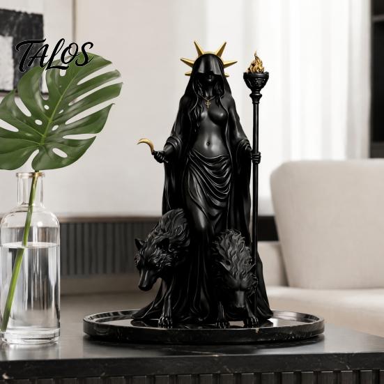 Kompakte gruselige Dekoration Hekate Griechische Göttin Statue mit magischen Hunden, Fantasy-Thema Okkultes Zimmerdekor Harzskulptur, Mythologische Figur für
