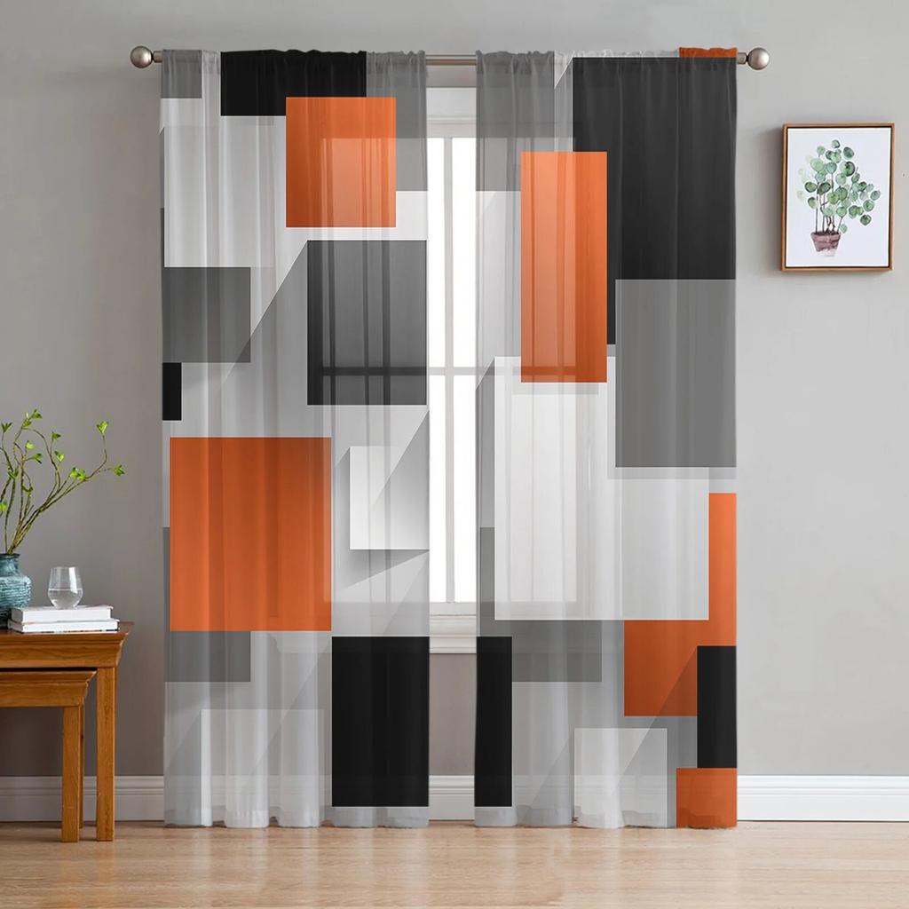 Orange Black Patchwork Abstract Art Sheer Curtains Window Tulle Curtains For Living Room Bedroom For Kitchen Curtains Decoration