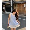 Plaid Dress Women's Summer New Japanese College Style Lace Vest Splicing Sleeveless Skirt Blue Looking Thin