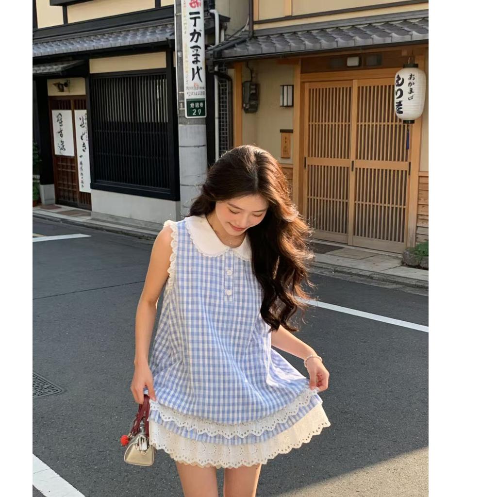 Plaid Dress Women's Summer New Japanese College Style Lace Vest Splicing Sleeveless Skirt Blue Looking Thin