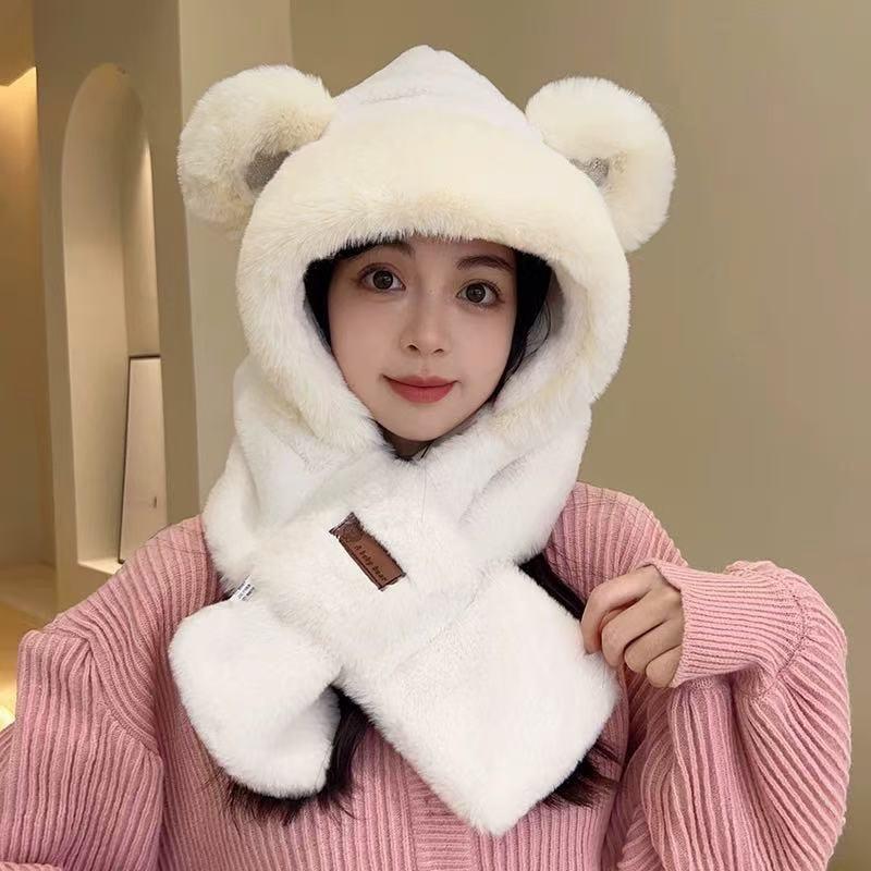 Cute Cartoon Bear Plush Hat Winter Warmth Hat Scarf Glove Face Mask One-Piece Hooded Outdoor Windproof Ear Protection Cap