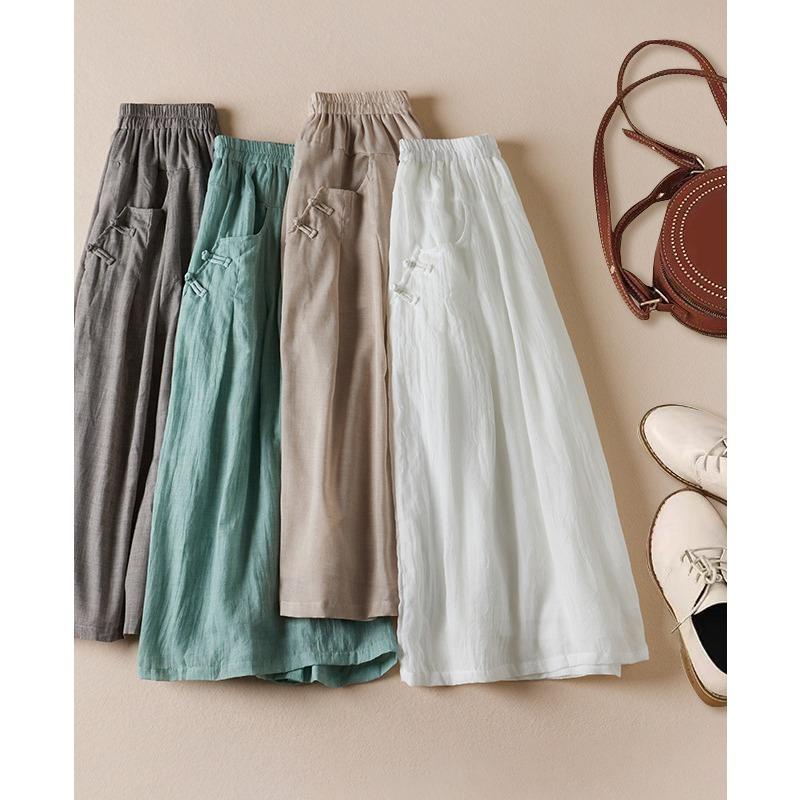 Skutečná fotografie léto nové literární volné jednobarevné bavlněné a lněné elastický pas široké nohavice devítibodové kalhoty ženy