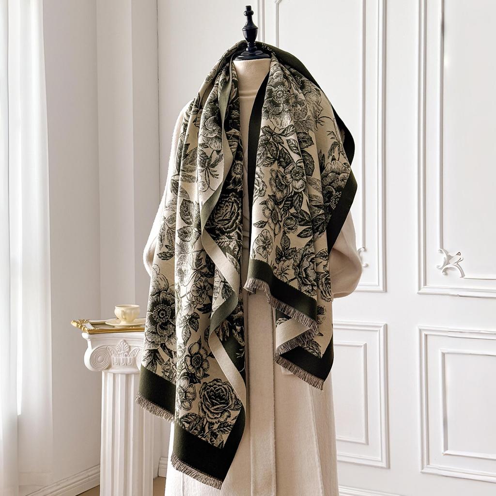 Elegant Floral Jacquard Pashmina Shawl for Women Winter Thick Warm Double Sided Tassel Design Coldproof Windproof Blanket Scarf