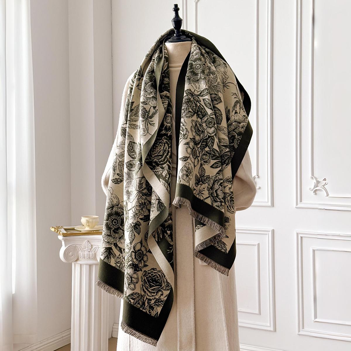 

Elegant Floral Jacquard Pashmina Shawl For Women Winter Thick Warm Double Sided Tassel Design Coldproof Windproof Blanket Scarf
