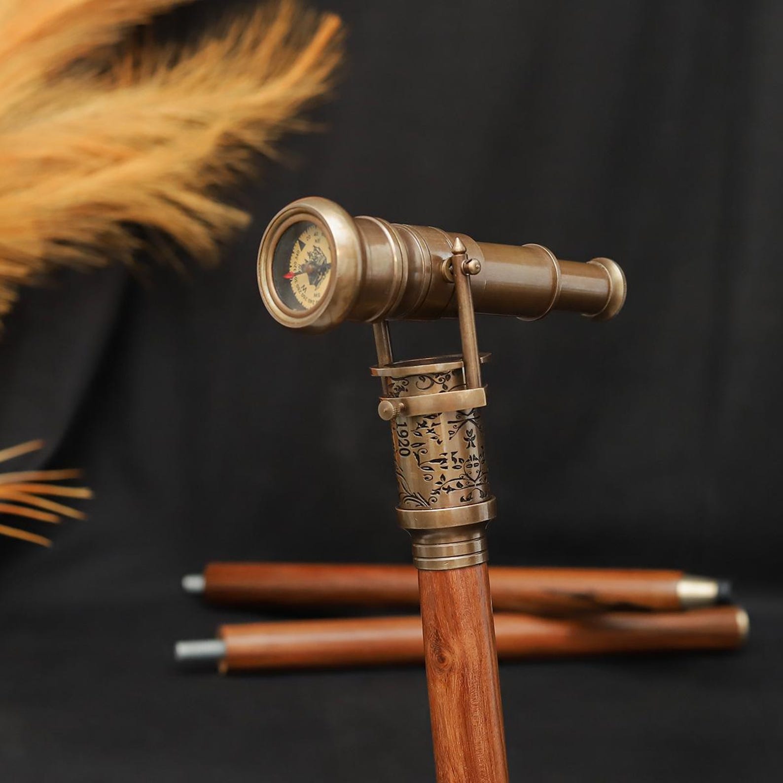 Antique Brass Telescope Walking Cane Handmade Wooden Nautical Spyglass Stick Steampunk Gentleman Accessory