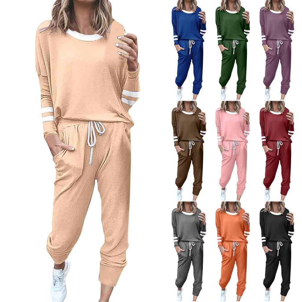 Women's Fashion Loose Color-Block Striped Long-Sleeve Round-Neck Drawstring Sports Casual Top And Pants Two-Piece Set