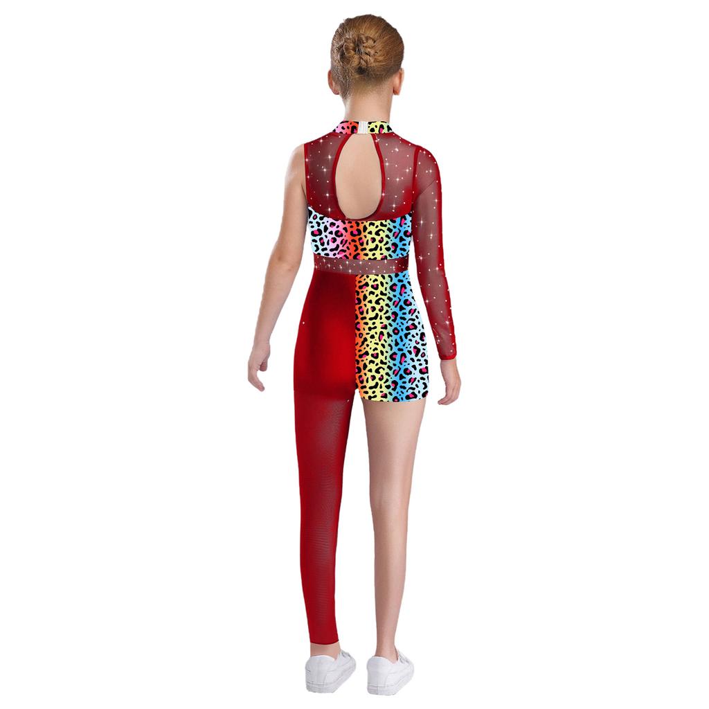 Girls Printed Gymnastics Leotard Star Leopard Snakeskin Design Shiny Rhinestones Sheer Mesh Patchwork Asymmetrical Bodysuit