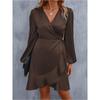 Women's V-neck Dress Satin Waist Cinched Low Cut Casual Mid Length Skirt Sweet Style New Item
