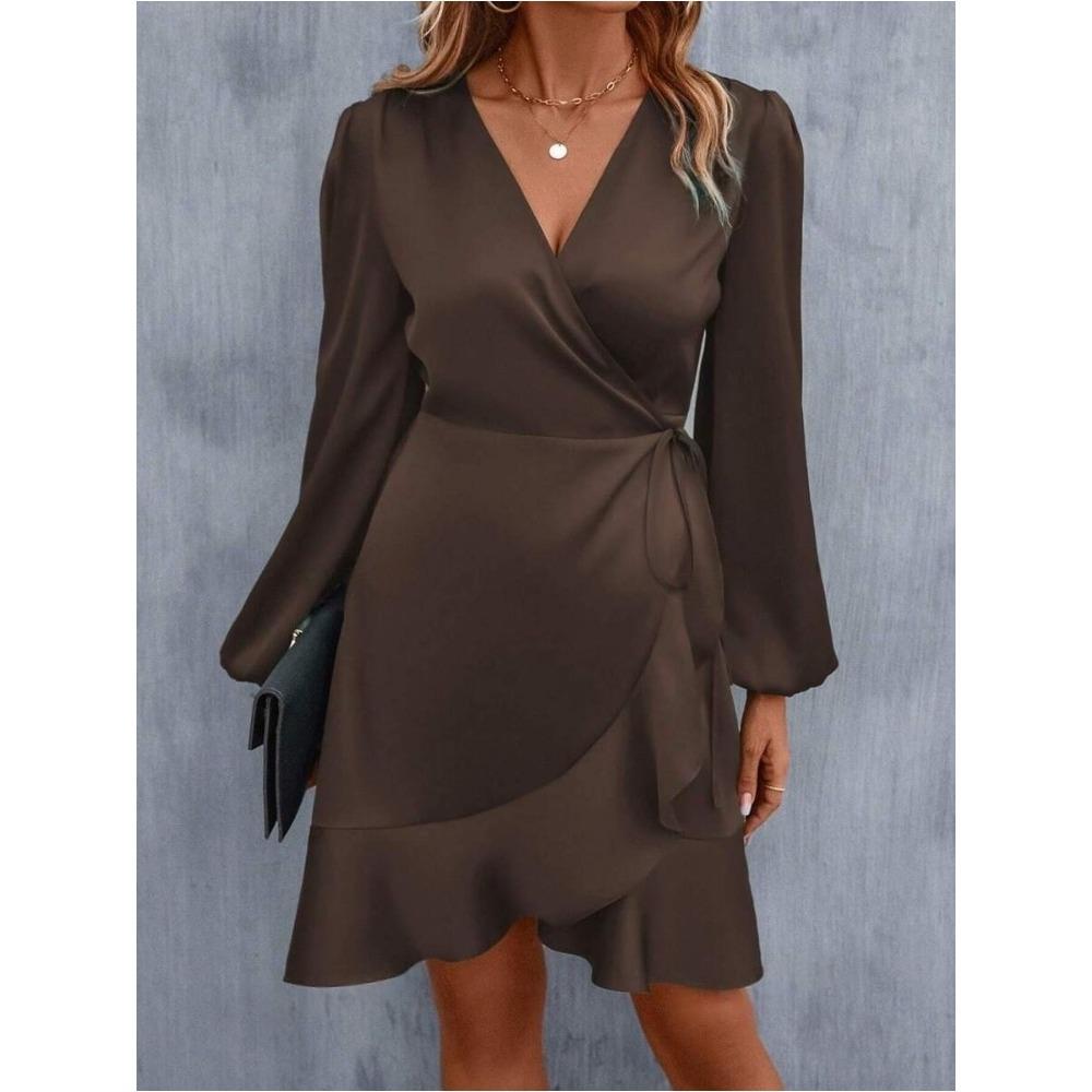 Women's V-neck Dress Satin Waist Cinched Low Cut Casual Mid Length Skirt Sweet Style New Item