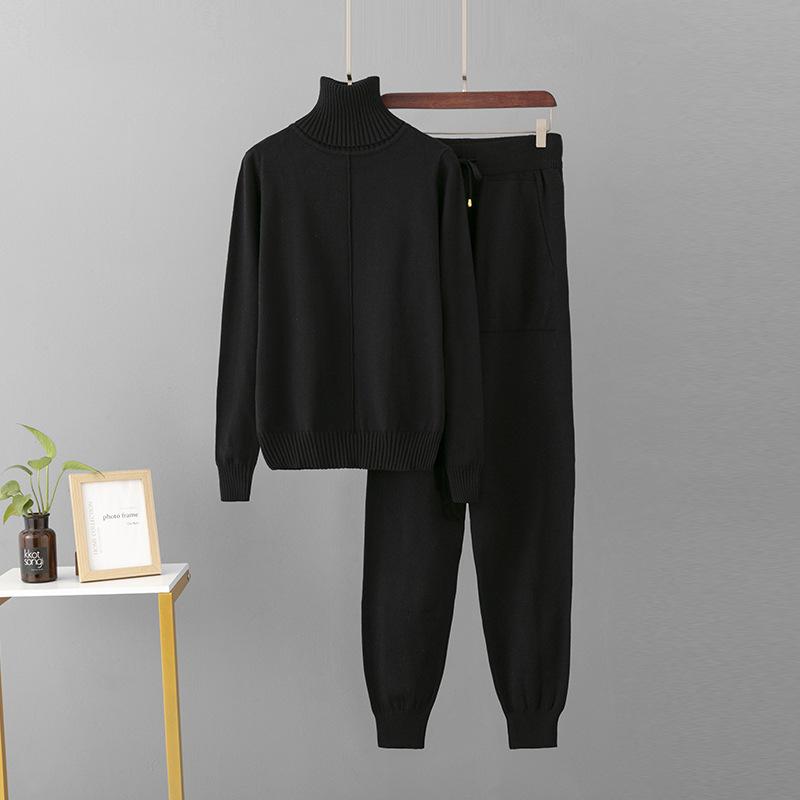 Candy Color Knitted 2 Piece Sets Women Turtleneck Knitwears Sweater Pullover Tops High Waist Casual Harem Pants Outfit