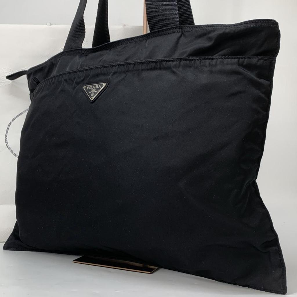 PRADA Tote Bag Handbag Business Tessuto Nylon Black Triangle Logo Plate Auth