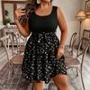 Women's Plus Size Sleeveless Floral Print Color-Block Dress with Self-Tie Waist for Casual Everyday Wear