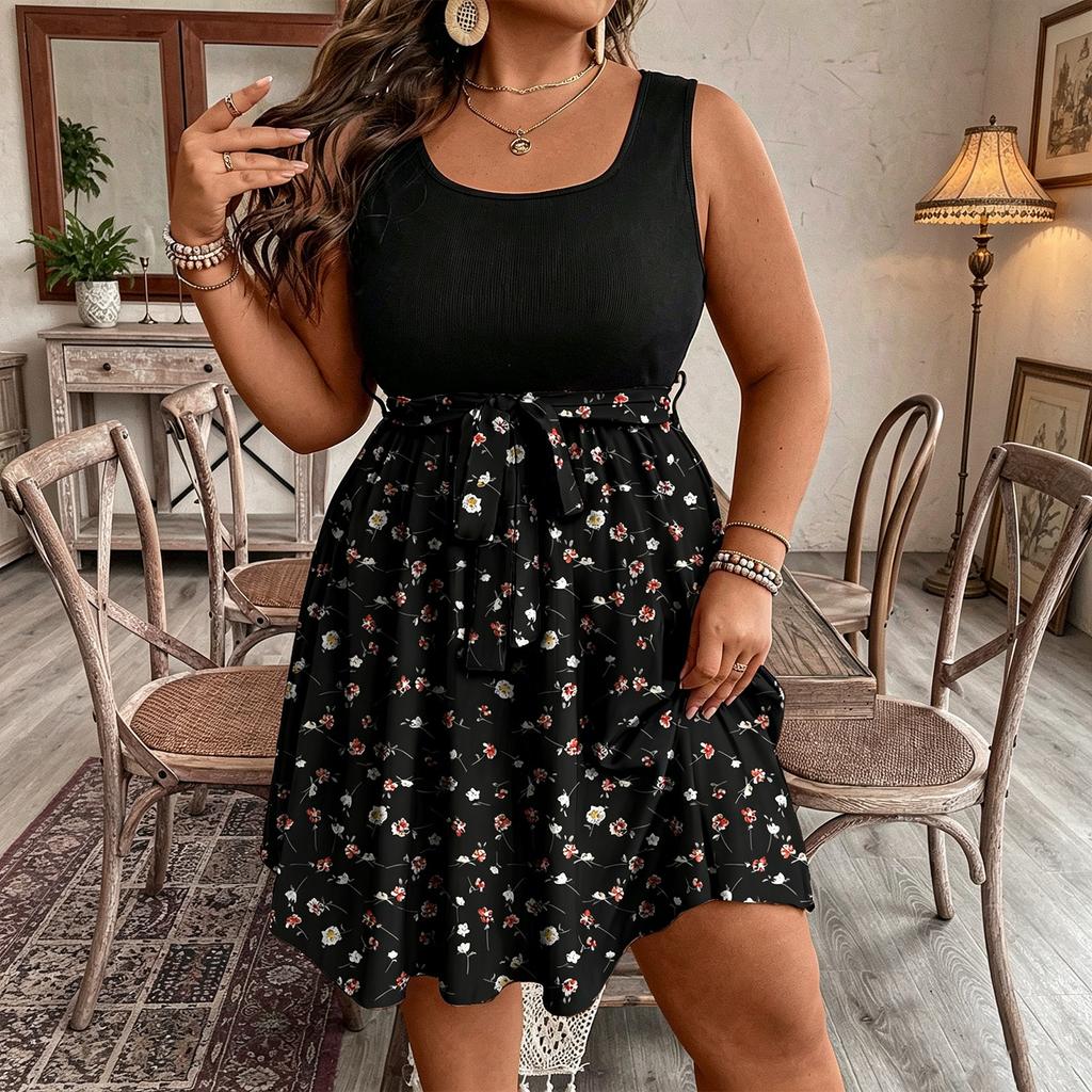 Plus Size Sleeveless Dress Casual Waist Tie Floral Print Patchwork Summer Dress for Women Fashion Trendy Comfortable Fit