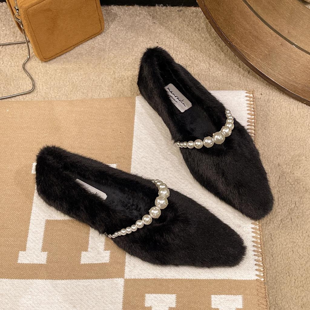 Fashion Pearl Beaded Fur Pointed Toe Flats Leopard Cotton Boots Winter Fashion New Short Plush Shallow Warm Shoes 2025 Trend Snwo Botas