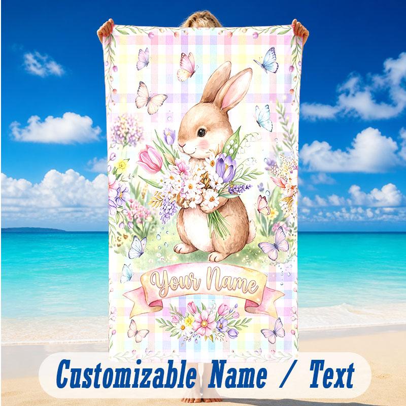 Easter Bunny Theme Beach Towel Personalized Custom Name & Text Soft Quick Dry Beach Towel for Swimming Travel