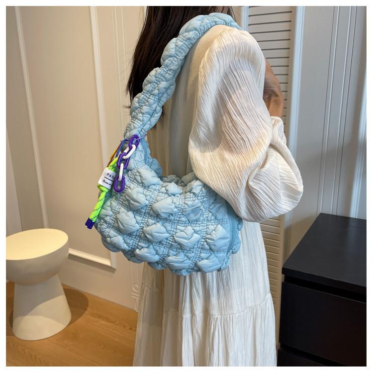 Ielgy Pleated Cloud Bag Trendy Bubble Dumpling Bag Quilted One-Shoulder Fashion Casual Underarm Bag