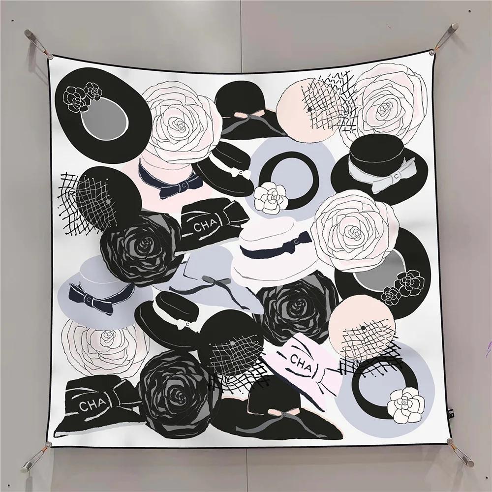 90Cm Autumn New Black And White Plain Rose Hat Twill Silk Women'S Sunscreen Shawl Large Square Scarf Headscarf