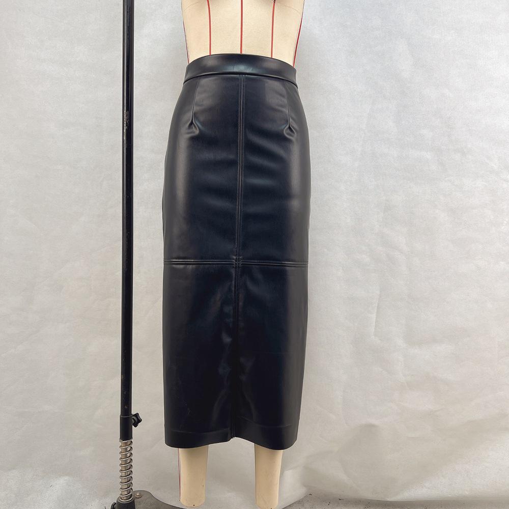 2024 Winter Women's High-Waisted PU Leather Bodycon Midi Skirt with Slit