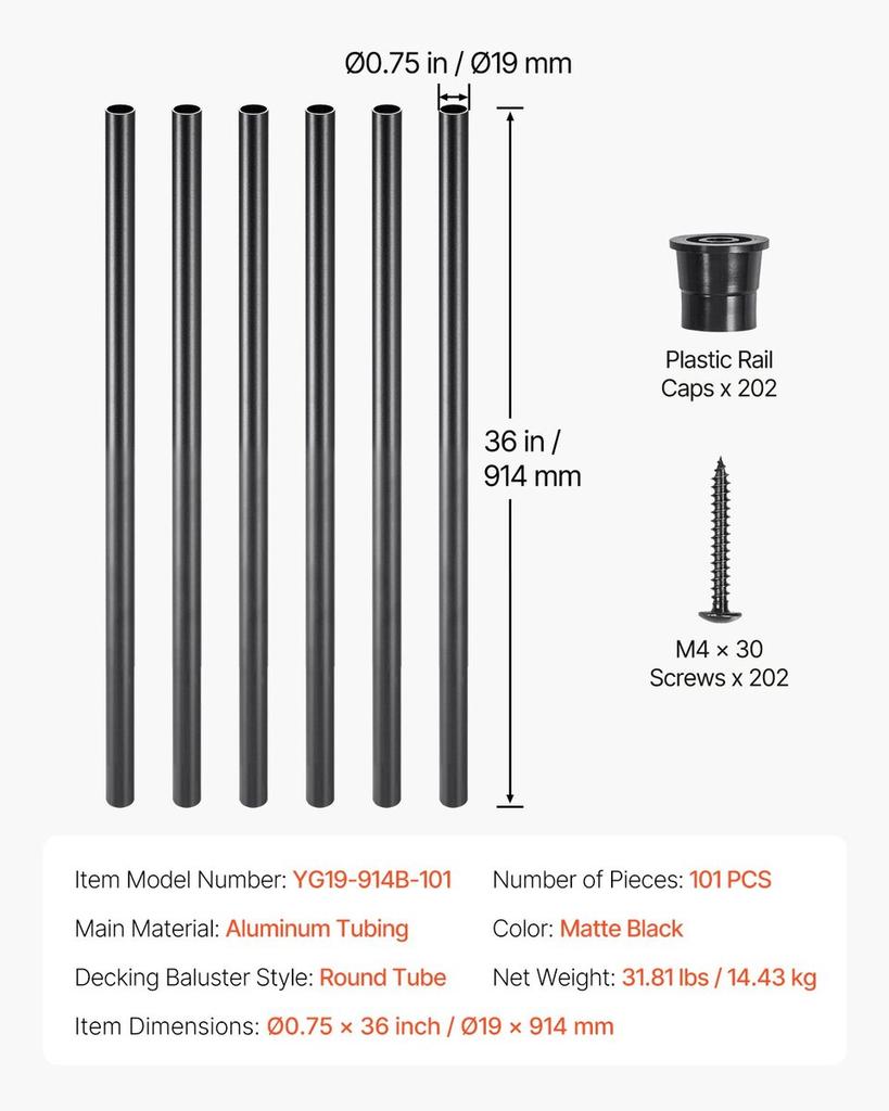 Staircase Balusters 101 Pack 36 In Aluminum Spindles with Screws/Rail Caps