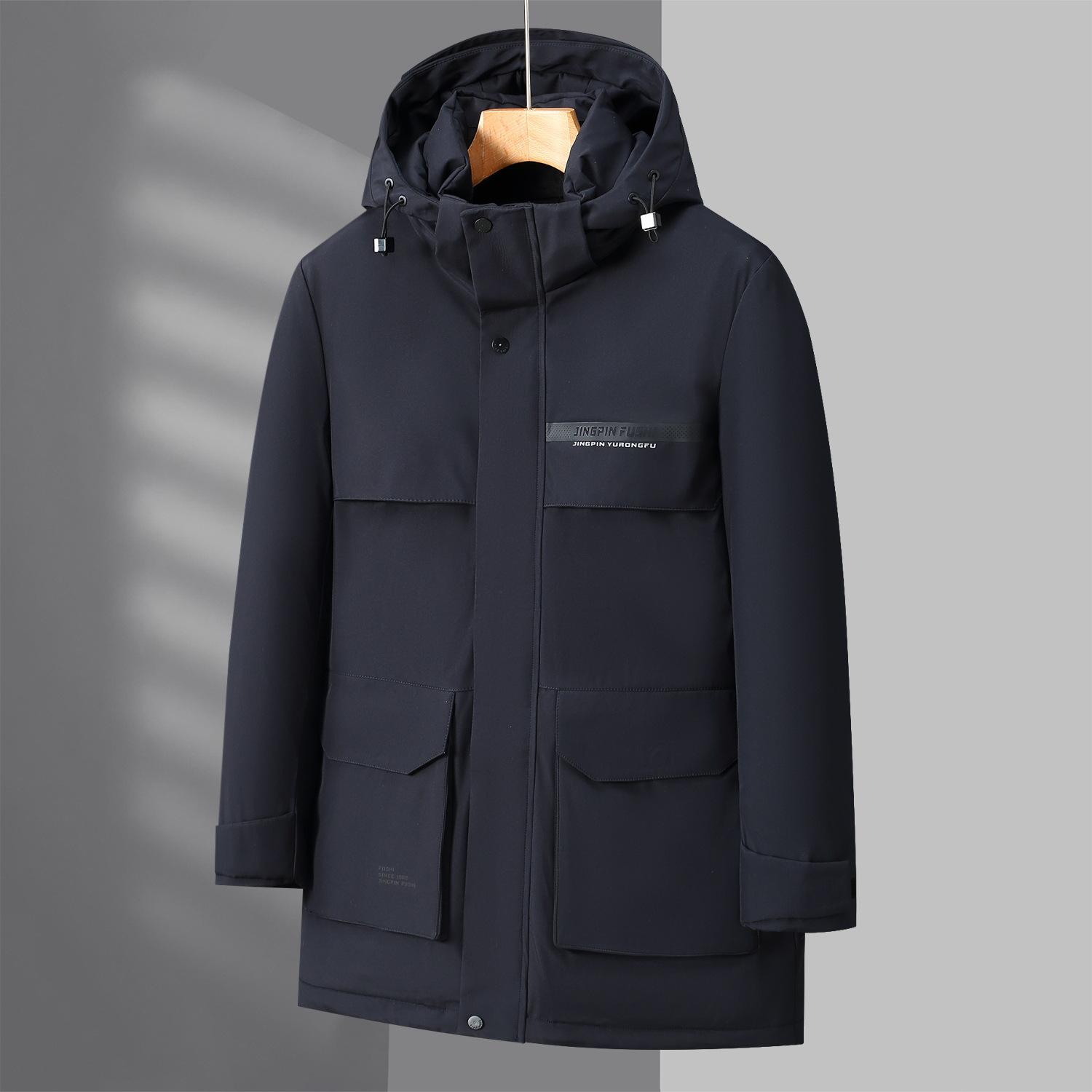 

Мужской пуховик средней длины на зиму 2025 года, европейский и американский деловой, больших размеров, мужской уличный тепловой топ 5XL темно-синий