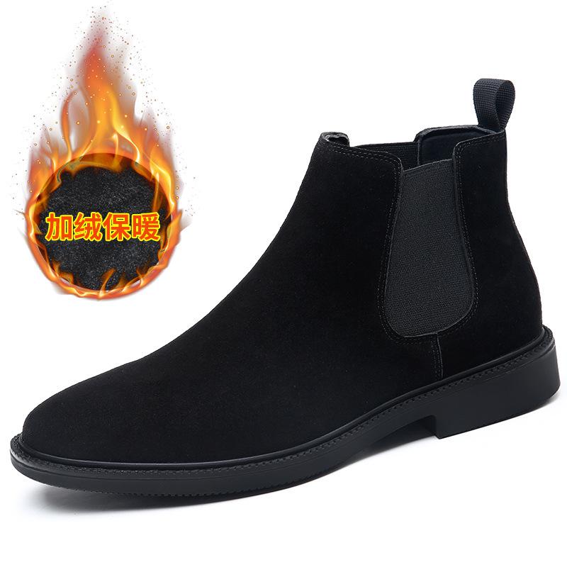 Black Suede Shoes Men's Chelsea Boots Winter Casual Genuine Leather Ankle Boots Mens Pointed Toe Short Boots Men High-top Shoes