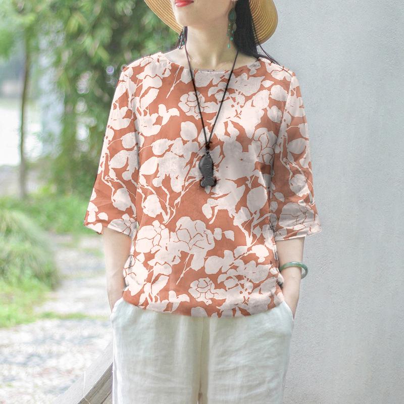 

ZANZEA Летние женские свободные топы с круглым вырезом и рукавами 3/4 с цветочным принтом 5XL хаки