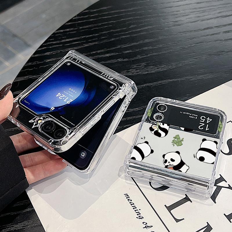3 STÜCKE Faltbare Stoßfeste Hülle für Samsung Z Flip6 Flip5 Flip4 für Magsafe Magnetisch Cartoon Pandas Muster Transparent Hartes PC Slim Case Abdeckung