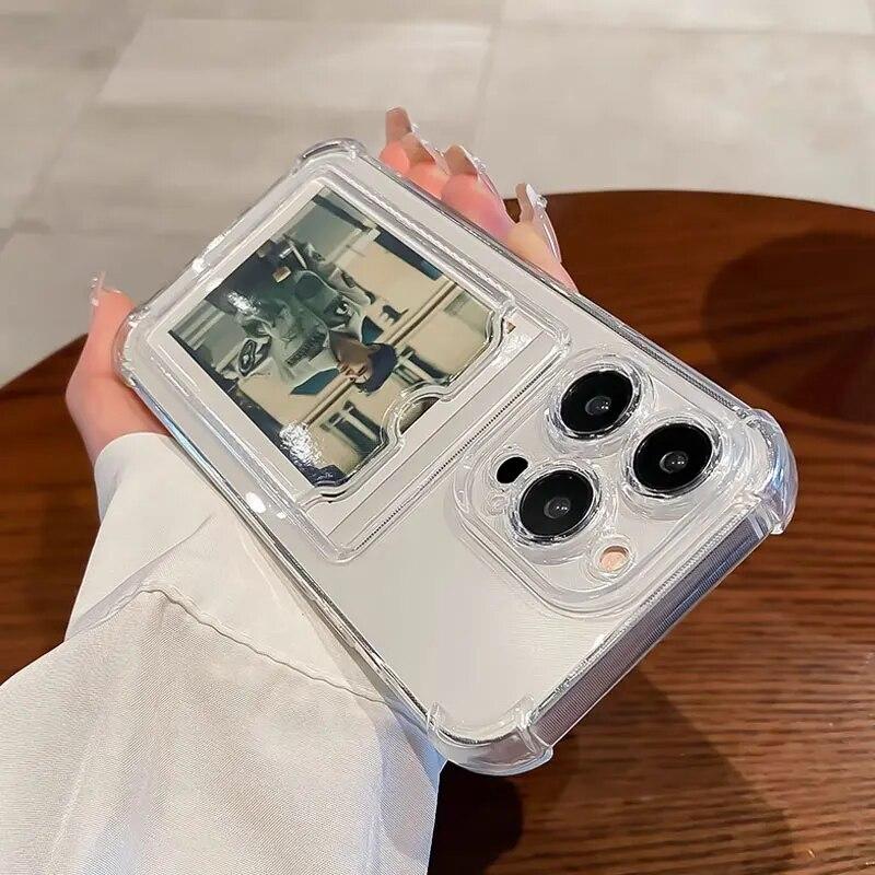 Carcasă transparentă cu slot pentru carduri pentru iPhone 16 15 14 Plus 13 11 12 16 Pro Max, transparentă, rezistentă la șocuri, cu portofel și bara de protecție