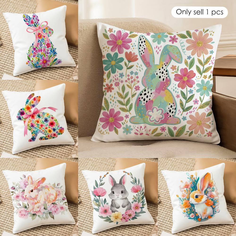 Cute Easter Bunny Cushion Cover Soft Plush Fabric DoubleSided Printed Cushion Covers for All Seasons Modern Home Decor