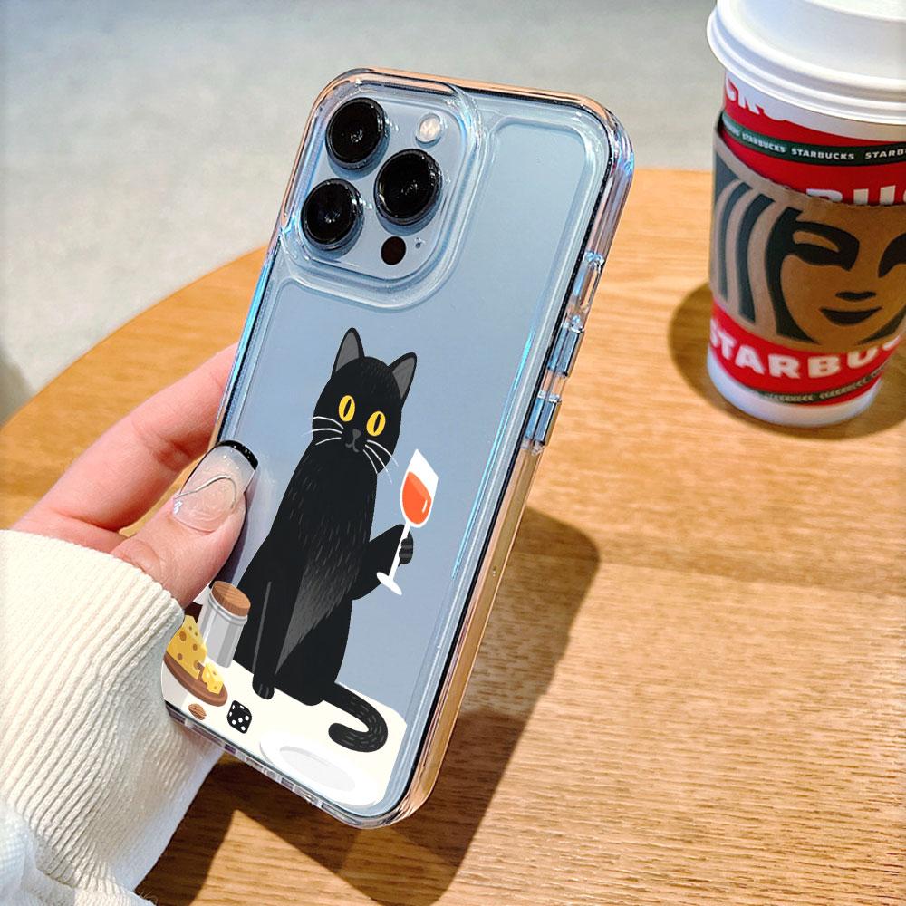 Black Cat with Wine Cheese Transparent Soft TPU Phone Case for Xiaomi Redmi Note 15 14 13 12 11 10 9 Pro Plus 4G 5G Soft Cover