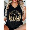 Gouden Oversized T-shirt voor Dames - Heksen Thema Maan en Bloemenpatroon, Losse Pasvorm Ronde Hals Casual Dagelijks & Halloween Feest Outfit