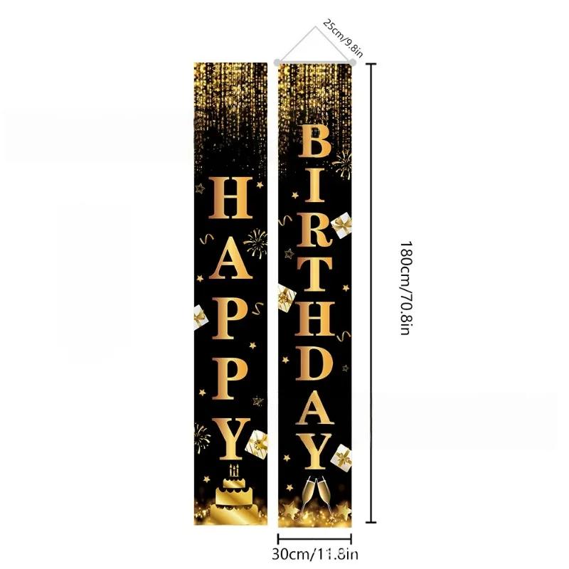 Faixa de Porta de Aniversário 1 Par Poliéster Decoração Sazonal para Entrada Sala Jardim Interior Exterior Decorações de Festa Preto Dourado