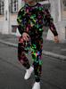 Men's Trendy Gradient Color Paris Letter 3D Print T-shirt Pants Set For Men Fashion Outdoor Long Sleeved Pullover Jogging Outfit